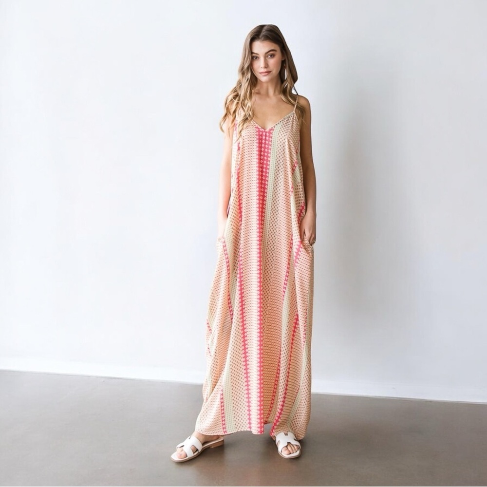 Boho Chic Multi Print Cami Maxi Dress with Side Pockets